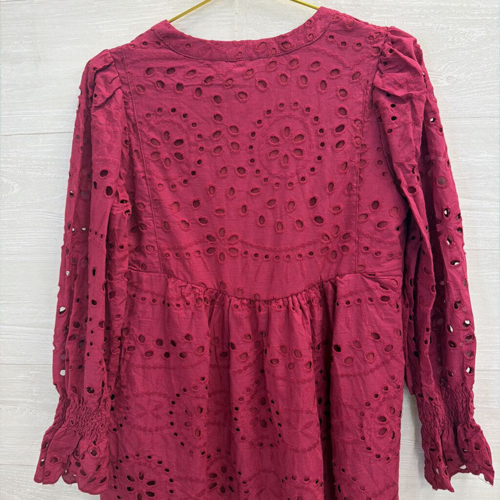 Magenta Long Sleeve Eyelet Dress 100% Cotton Small