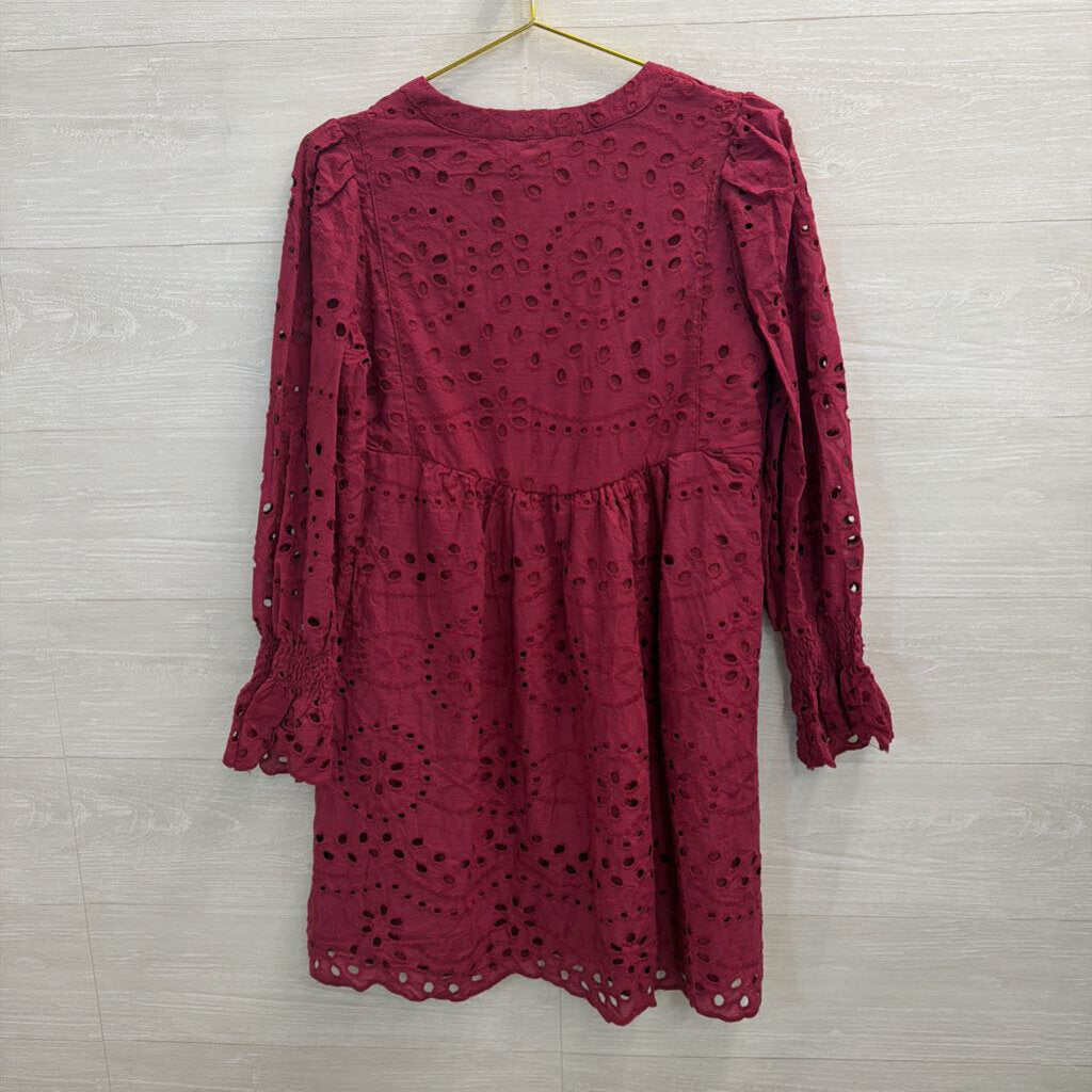 Magenta Long Sleeve Eyelet Dress 100% Cotton Small