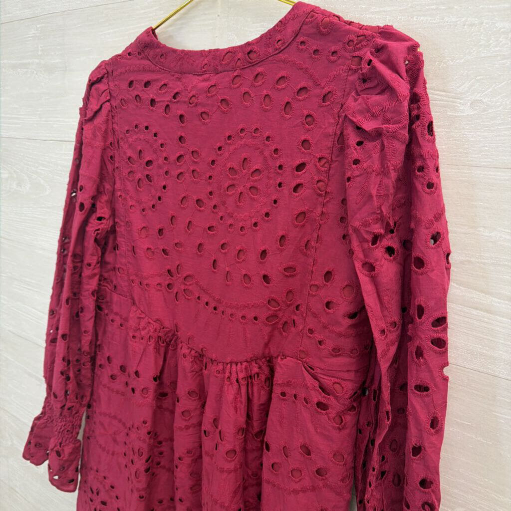 Magenta Long Sleeve Eyelet Dress 100% Cotton Small