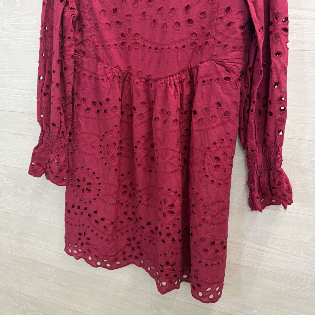 Magenta Long Sleeve Eyelet Dress 100% Cotton Small