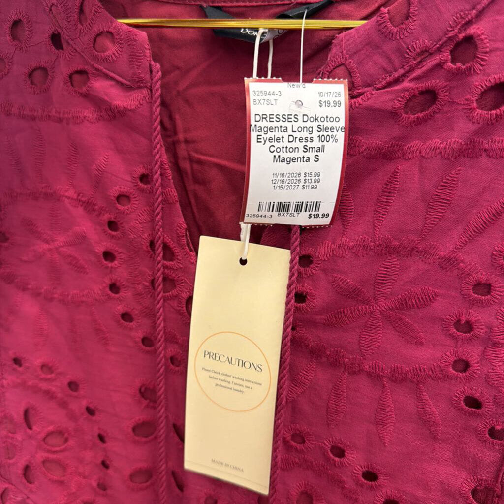 Magenta Long Sleeve Eyelet Dress 100% Cotton Small