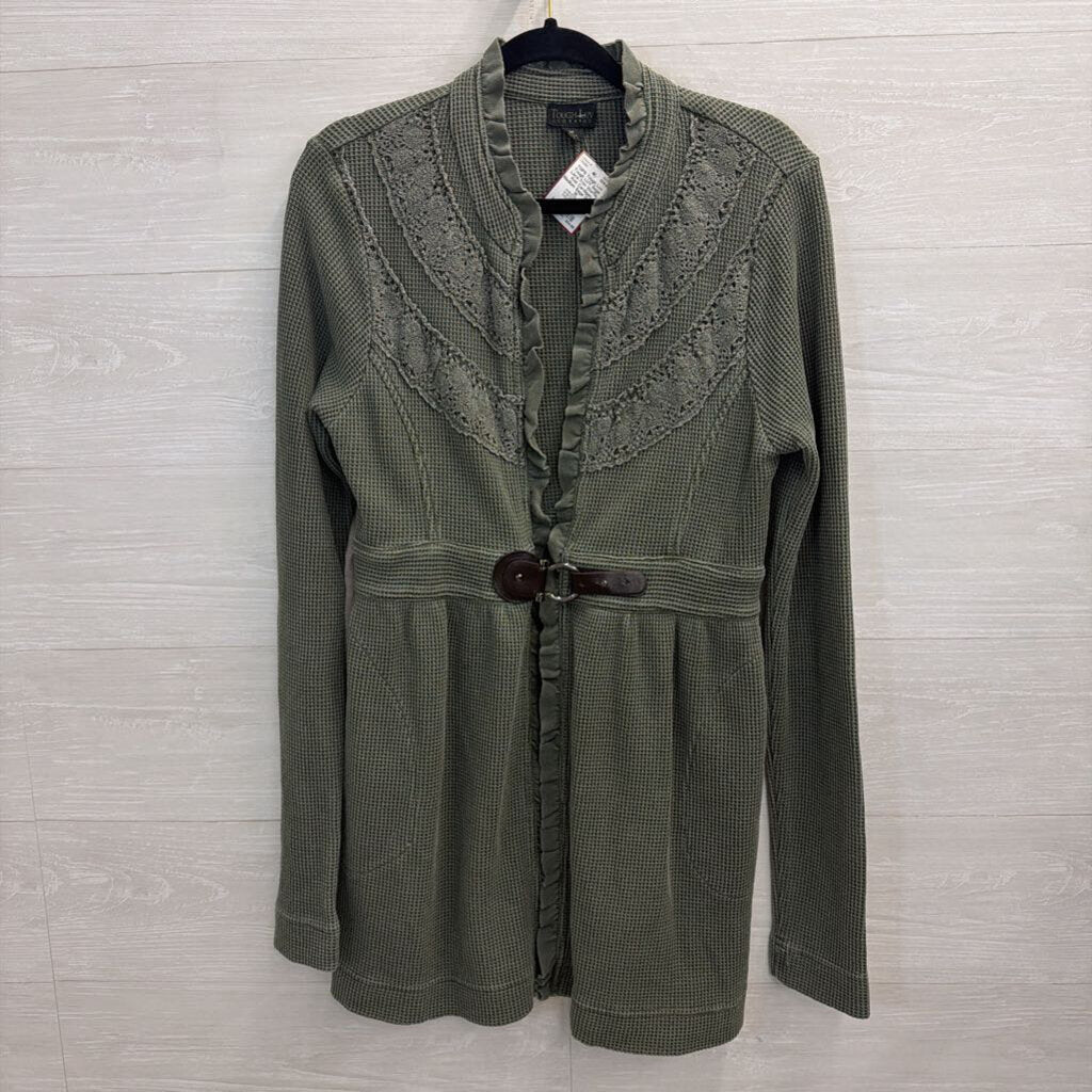Tough LUV Sage Lace-Trim Waffle Knit Cardigan Medium