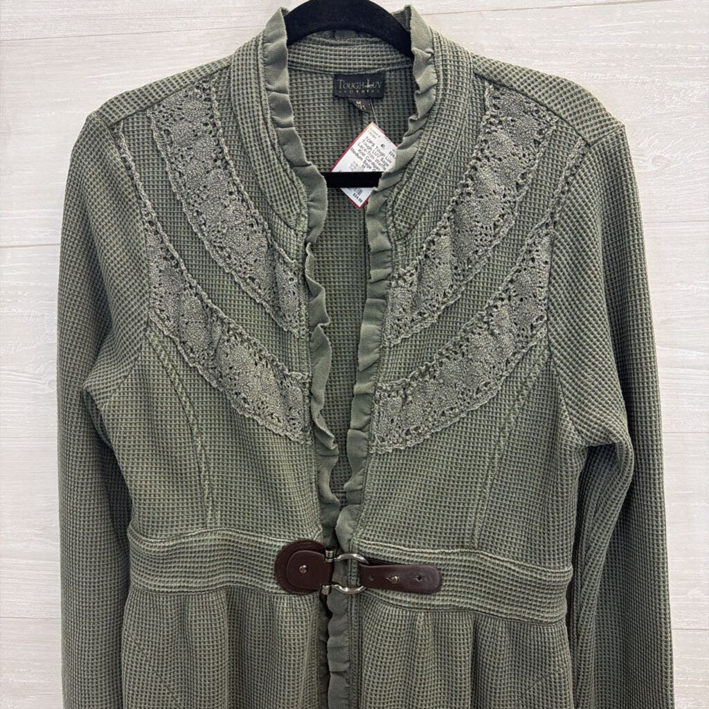 Tough LUV Sage Lace-Trim Waffle Knit Cardigan Medium
