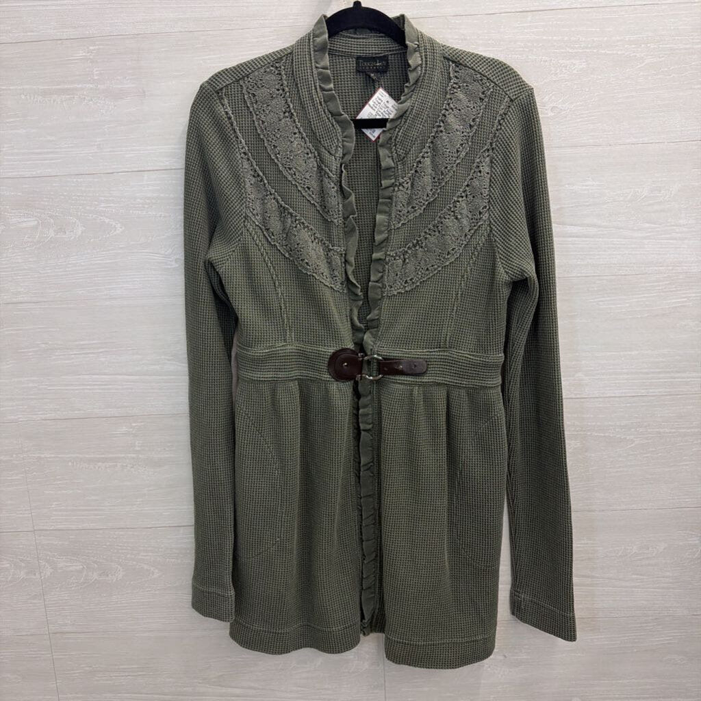 Tough LUV Sage Lace-Trim Waffle Knit Cardigan Medium