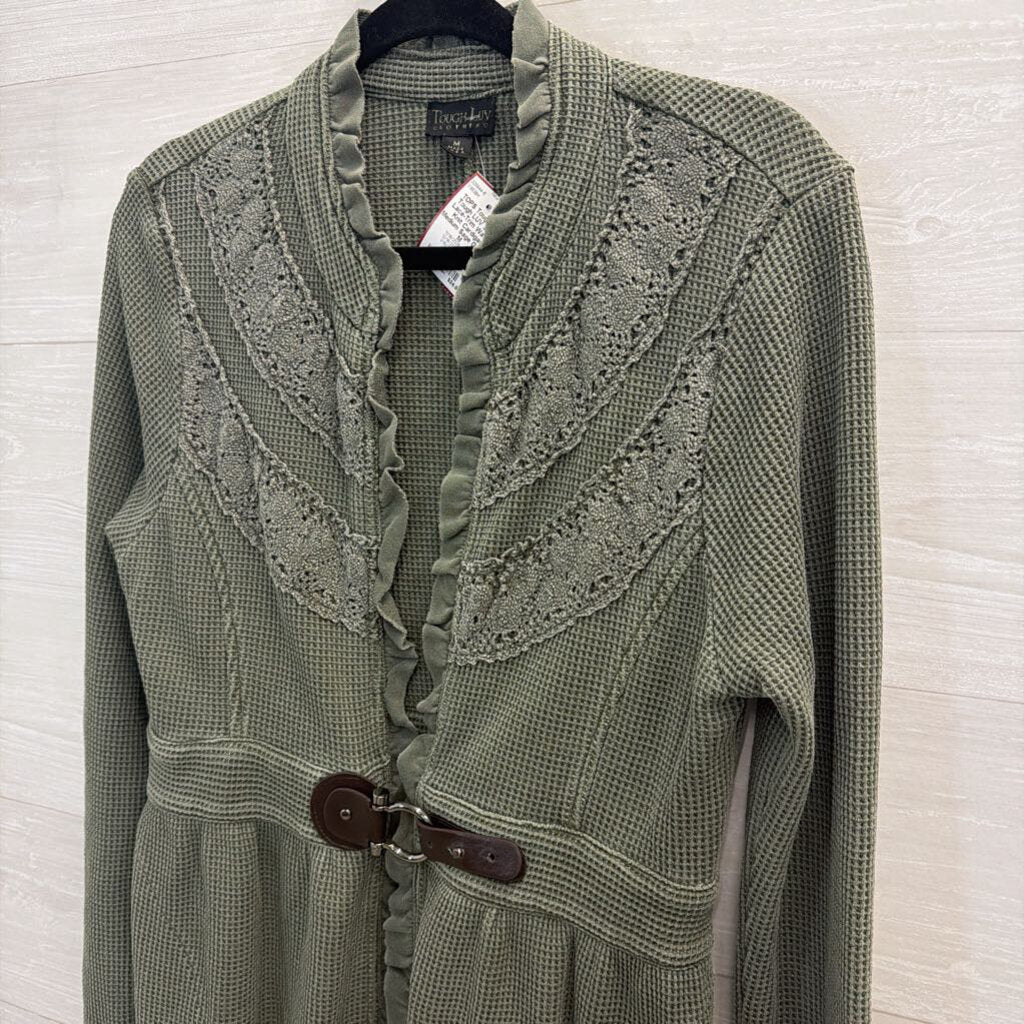 Tough LUV Sage Lace-Trim Waffle Knit Cardigan Medium