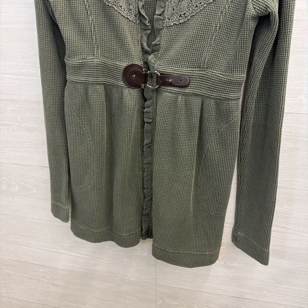 Tough LUV Sage Lace-Trim Waffle Knit Cardigan Medium