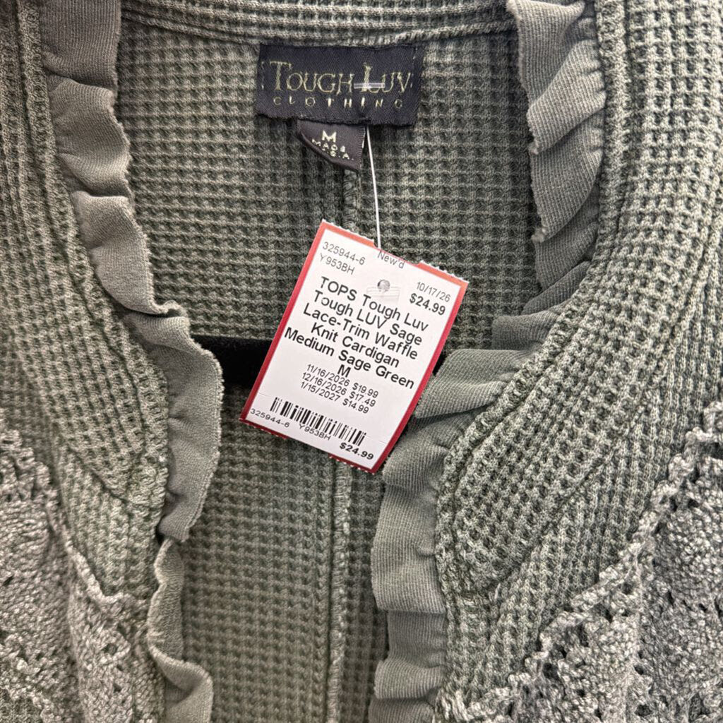 Tough LUV Sage Lace-Trim Waffle Knit Cardigan Medium