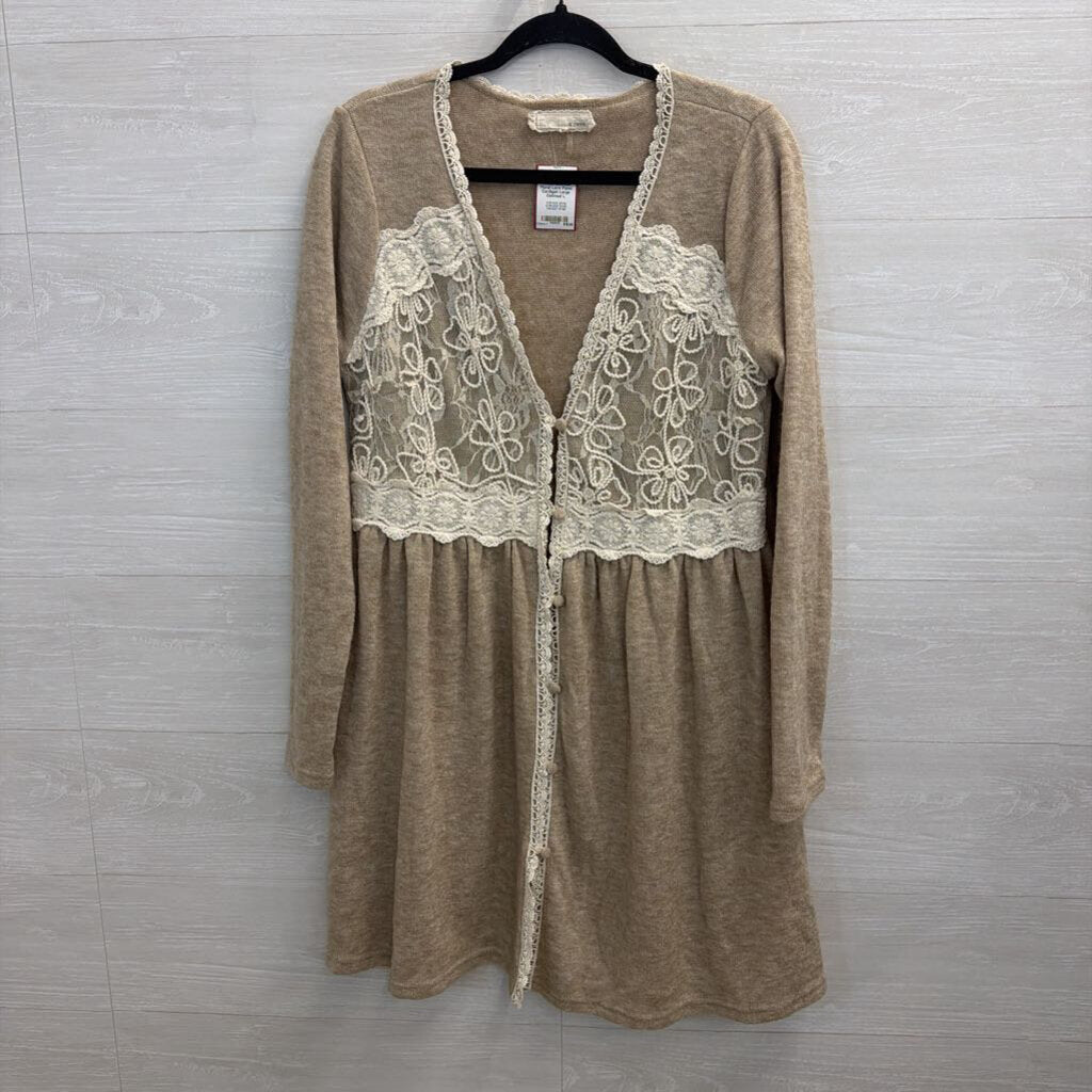A'reve Oatmeal Floral Lace Panel Cardigan Large