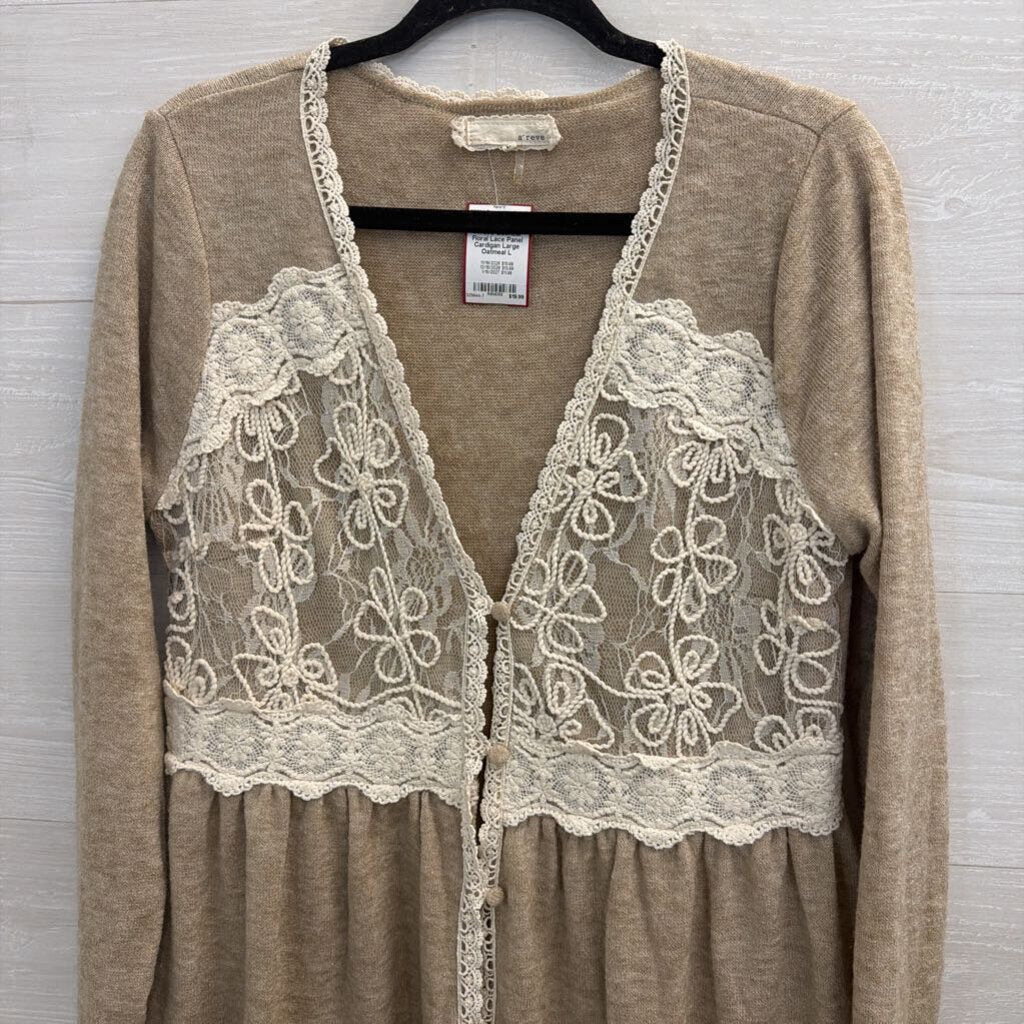 A'reve Oatmeal Floral Lace Panel Cardigan Large