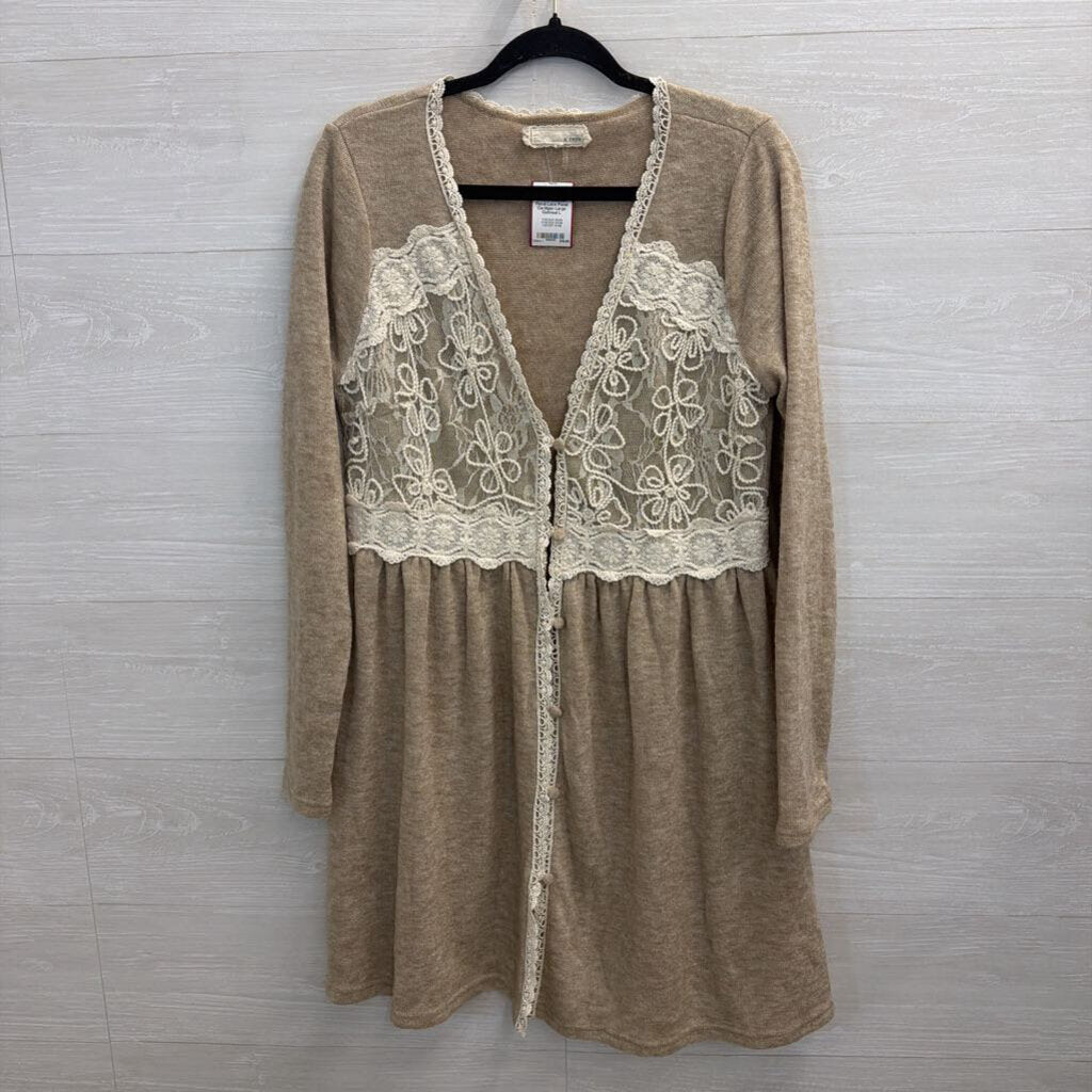 A'reve Oatmeal Floral Lace Panel Cardigan Large