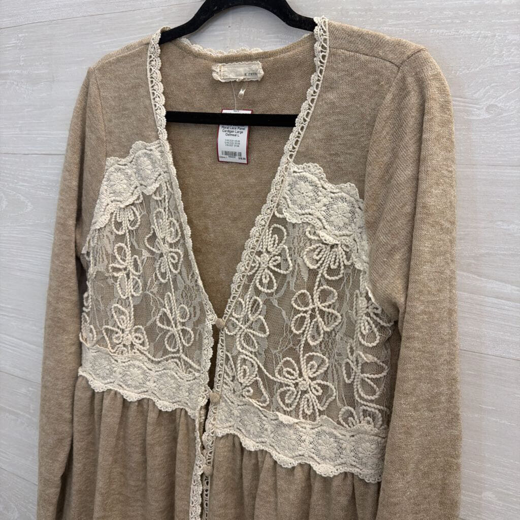 A'reve Oatmeal Floral Lace Panel Cardigan Large