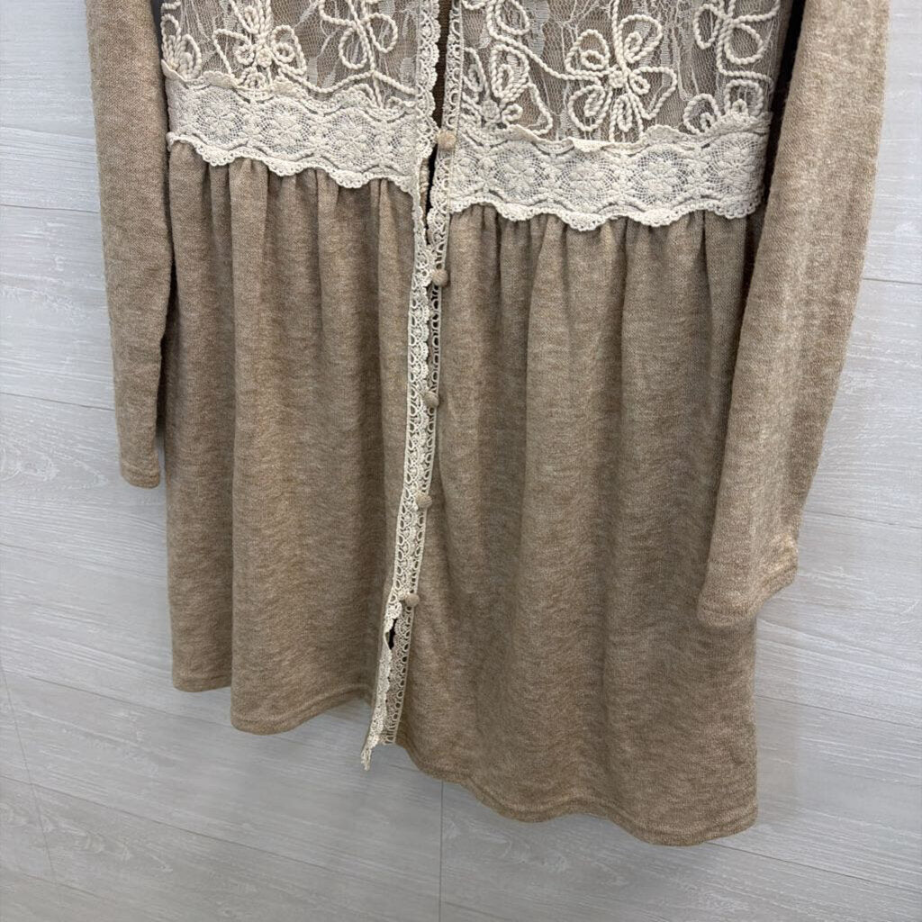 A'reve Oatmeal Floral Lace Panel Cardigan Large