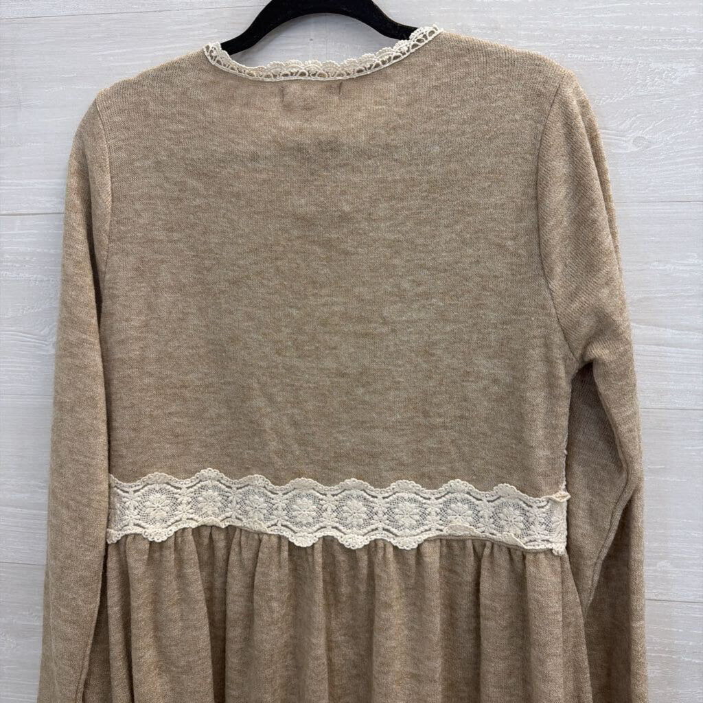 A'reve Oatmeal Floral Lace Panel Cardigan Large