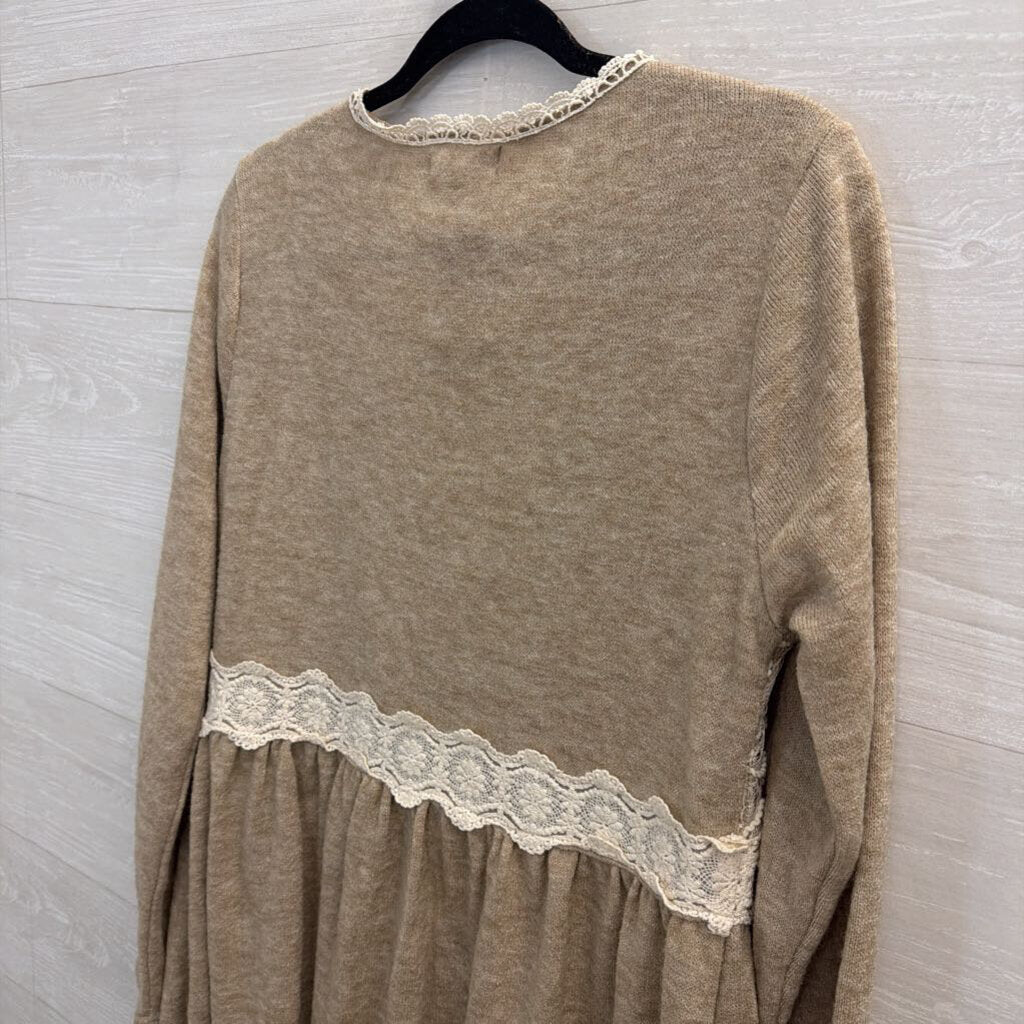 A'reve Oatmeal Floral Lace Panel Cardigan Large