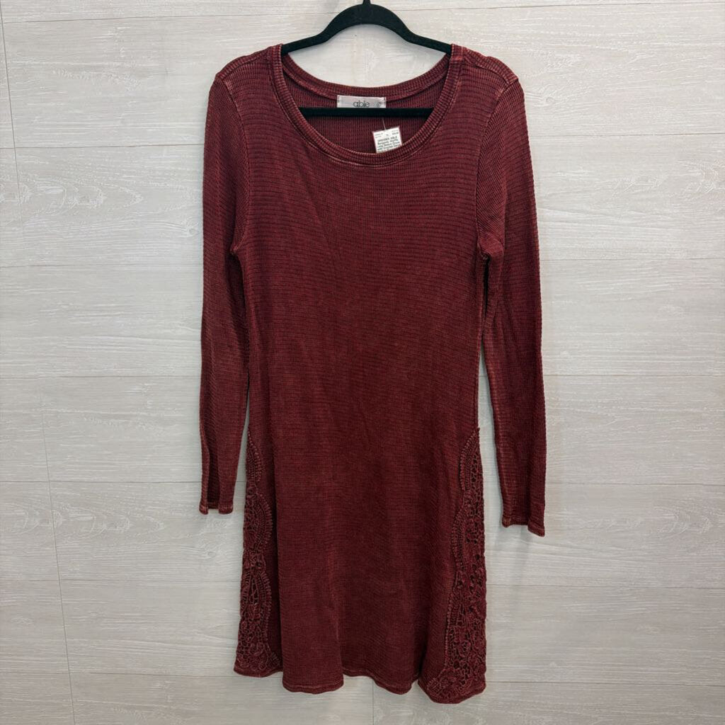 Burgundy Waffle Long Sleeve Dress with Crochet Detail Medium
