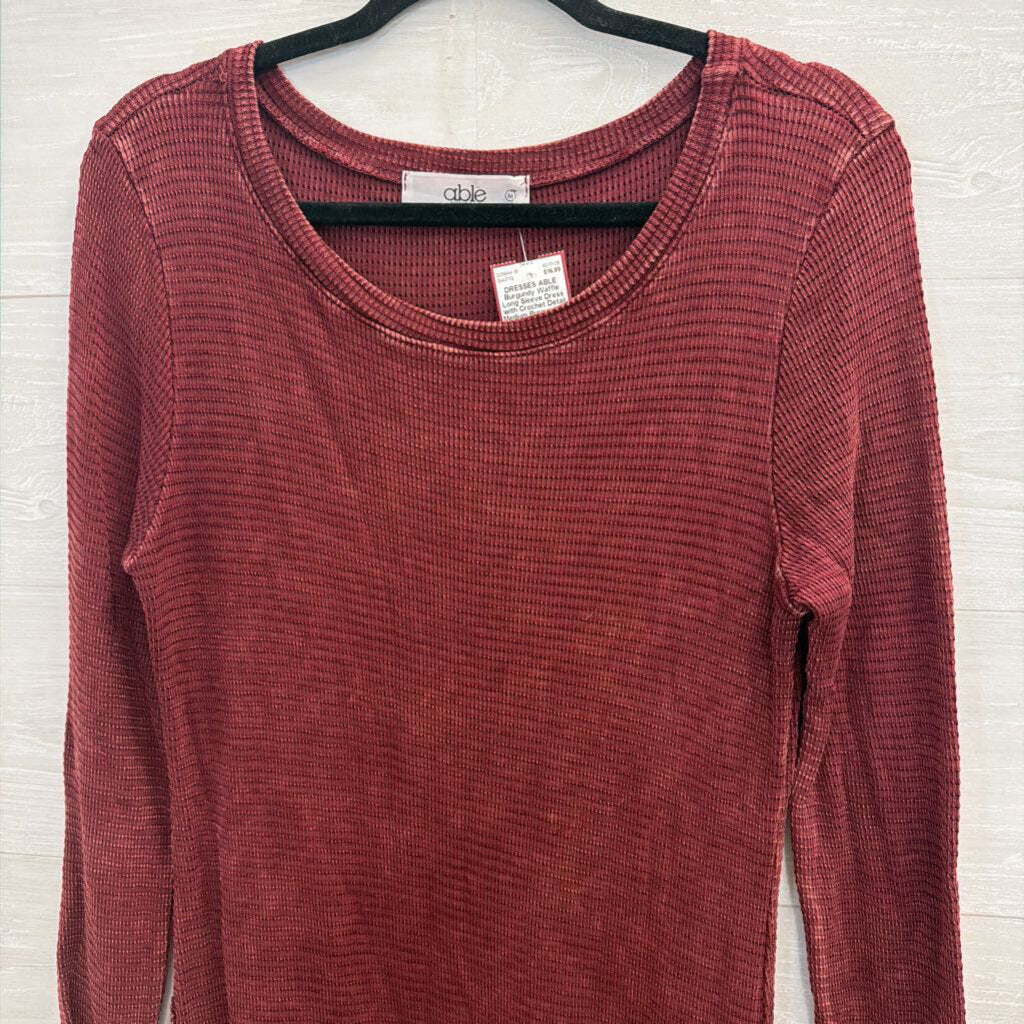 Burgundy Waffle Long Sleeve Dress with Crochet Detail Medium
