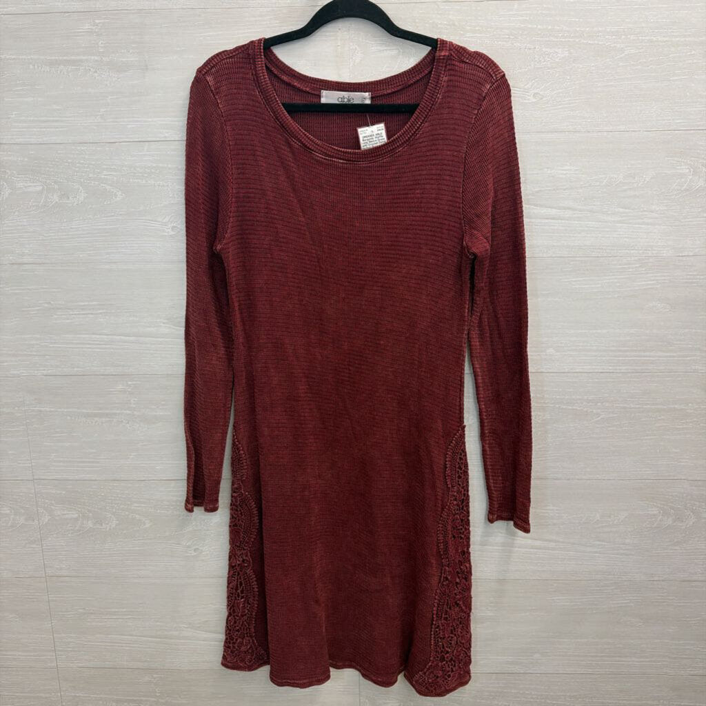 Burgundy Waffle Long Sleeve Dress with Crochet Detail Medium