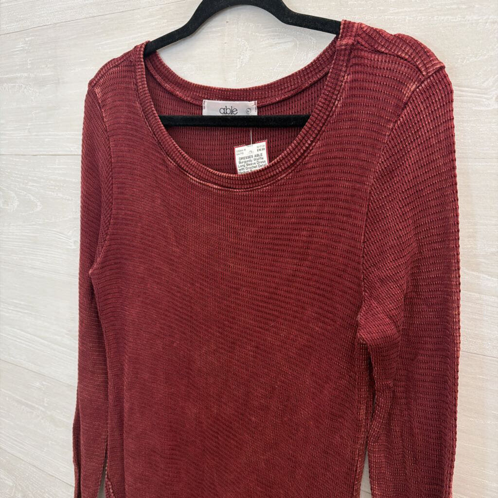 Burgundy Waffle Long Sleeve Dress with Crochet Detail Medium