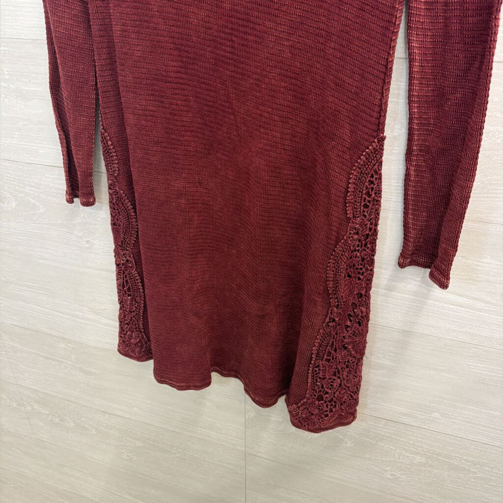 Burgundy Waffle Long Sleeve Dress with Crochet Detail Medium