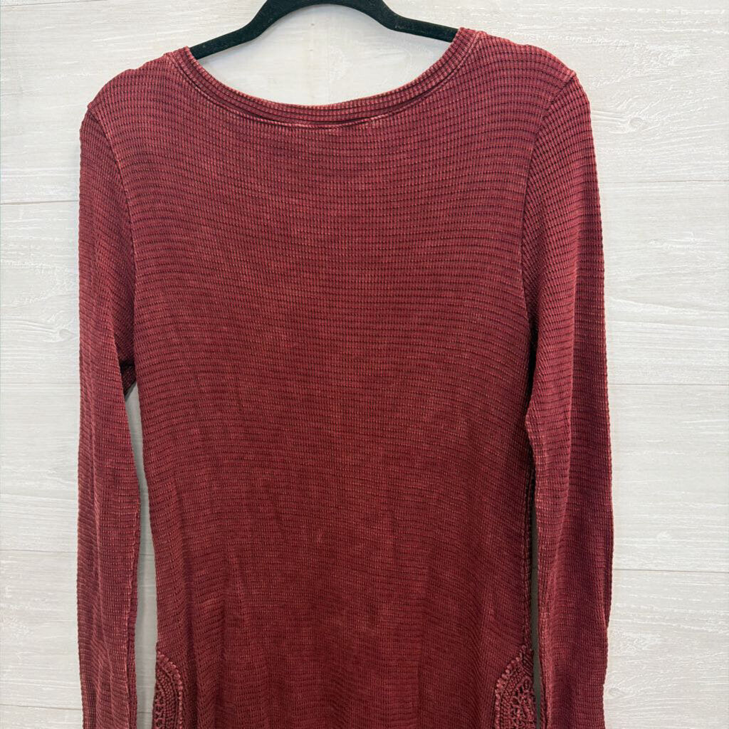 Burgundy Waffle Long Sleeve Dress with Crochet Detail Medium