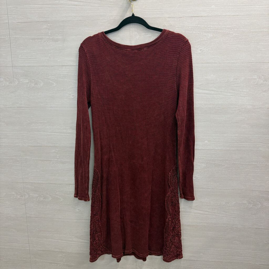 Burgundy Waffle Long Sleeve Dress with Crochet Detail Medium