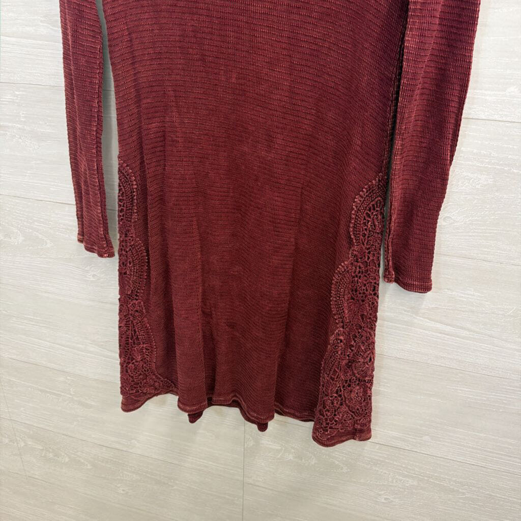 Burgundy Waffle Long Sleeve Dress with Crochet Detail Medium