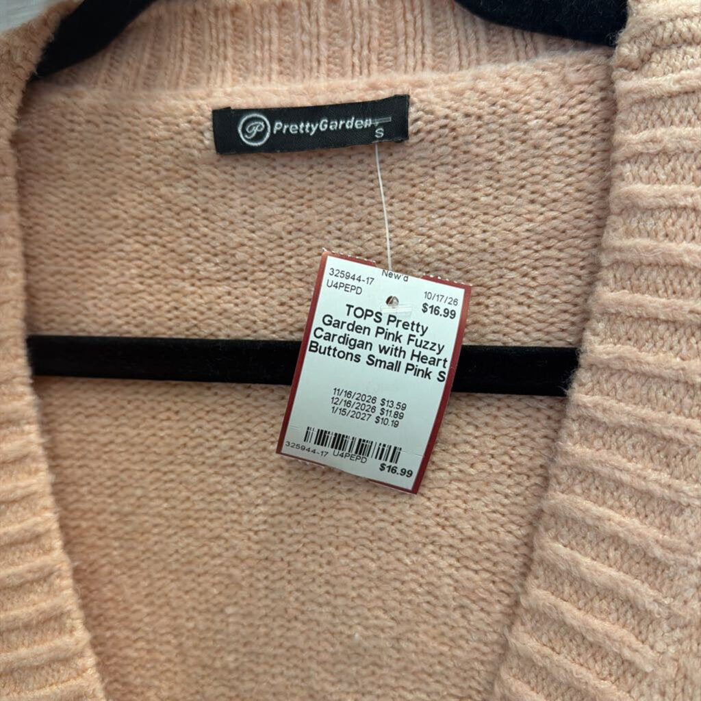 Pink Fuzzy Cardigan with Heart Buttons Small