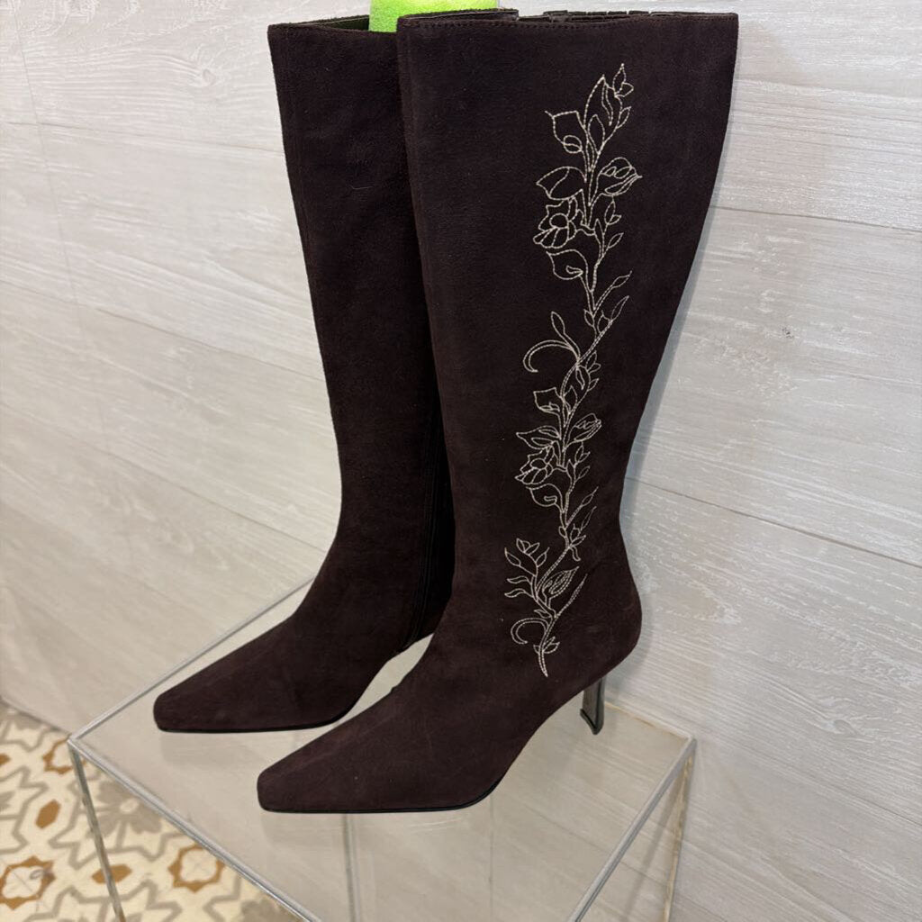 Terry Lewis Brown Suede Embroidered Knee Boots