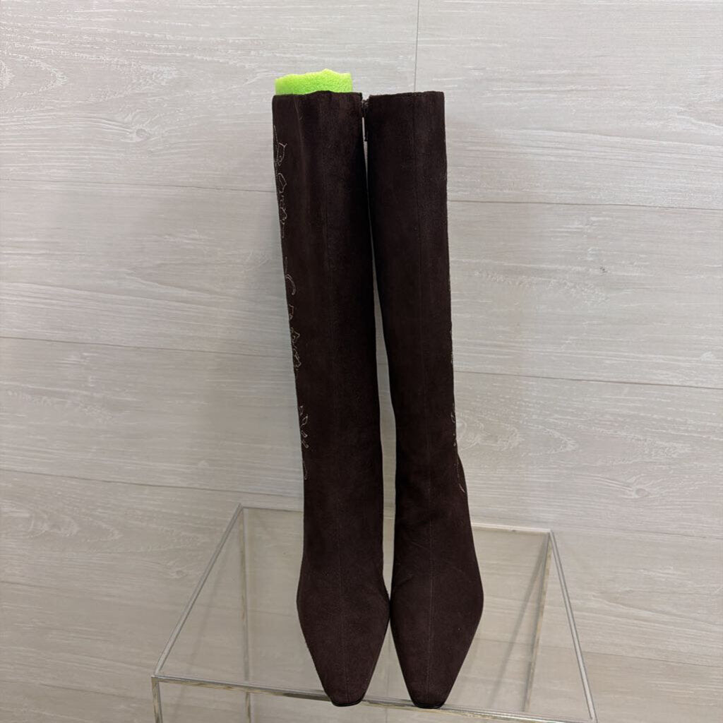 Terry Lewis Brown Suede Embroidered Knee Boots