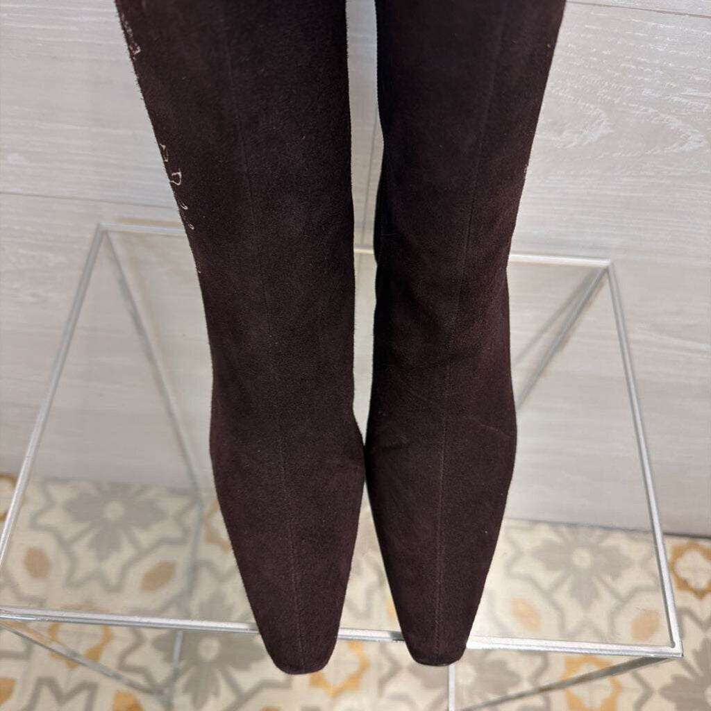 Terry Lewis Brown Suede Embroidered Knee Boots