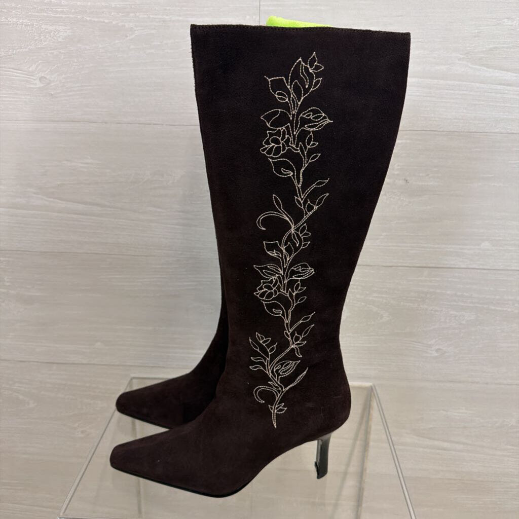 Terry Lewis Brown Suede Embroidered Knee Boots