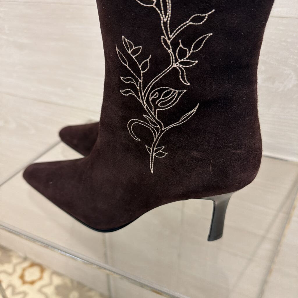 Terry Lewis Brown Suede Embroidered Knee Boots