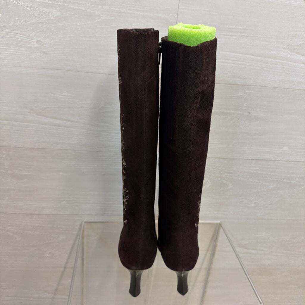 Terry Lewis Brown Suede Embroidered Knee Boots