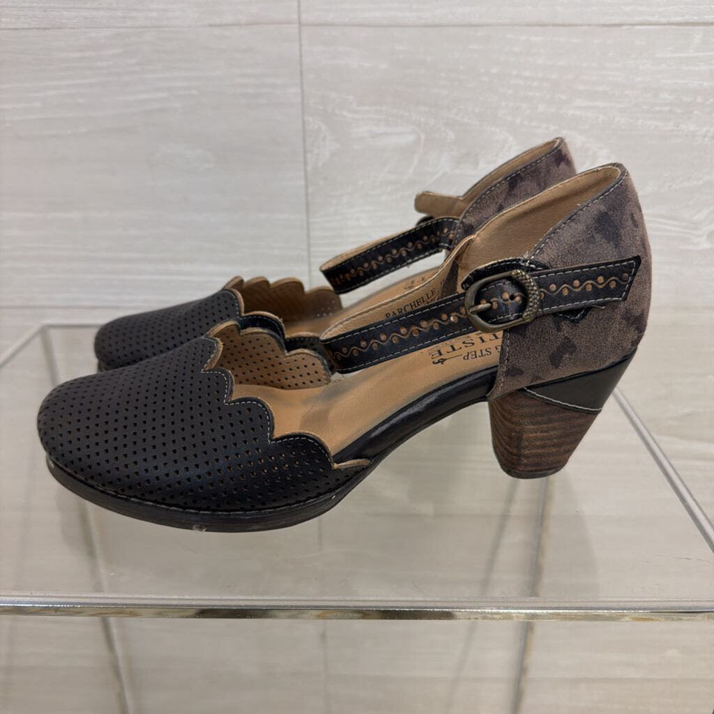L'Artiste Black Parchelle Scalloped Ankle Strap Pumps 38