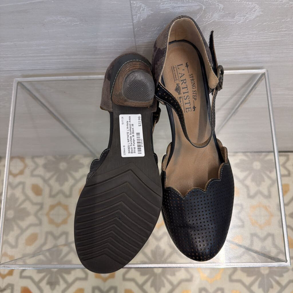 L'Artiste Black Parchelle Scalloped Ankle Strap Pumps 38