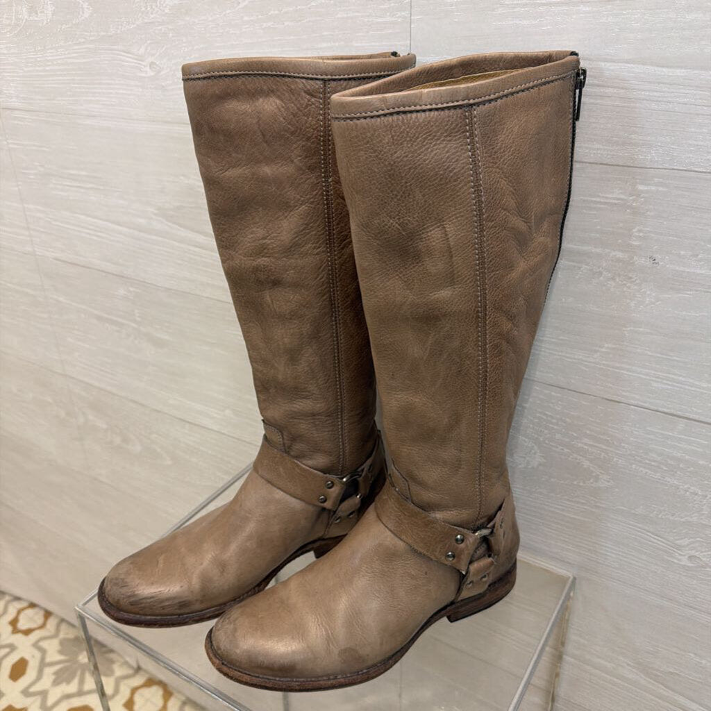 Frye Taupe Leather Tall Harness Boots 8.5