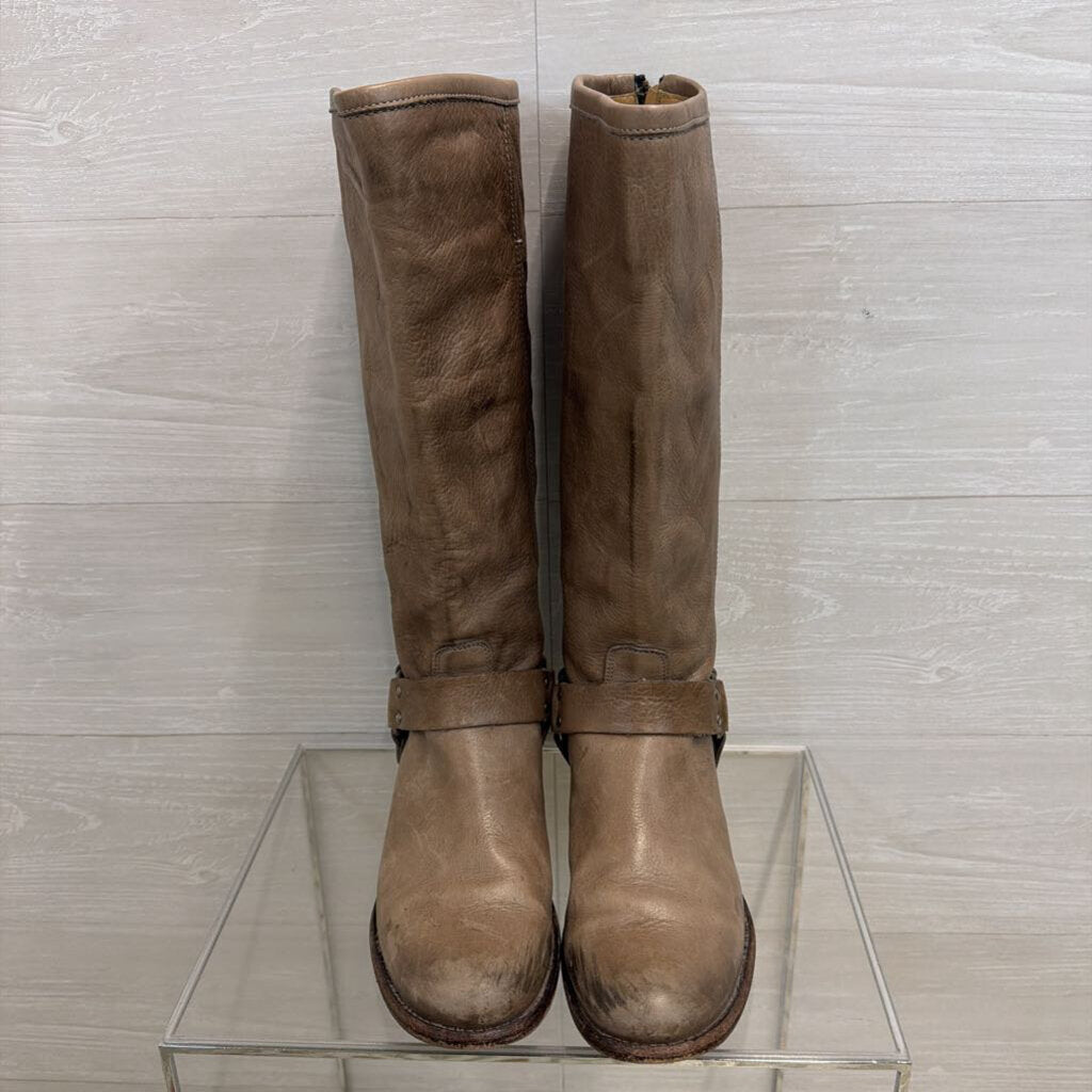 Frye Taupe Leather Tall Harness Boots 8.5