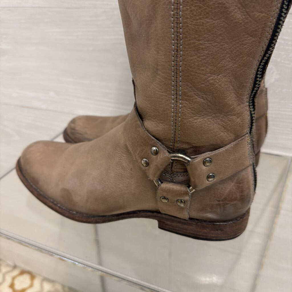 Frye Taupe Leather Tall Harness Boots 8.5