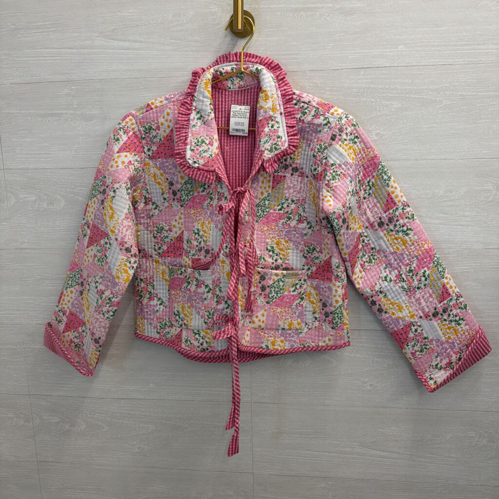 Pink Patchwork Quilted Tie Front Jacket Small