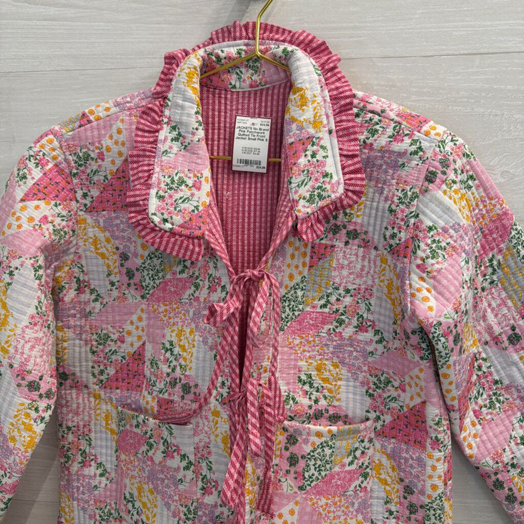 Pink Patchwork Quilted Tie Front Jacket Small