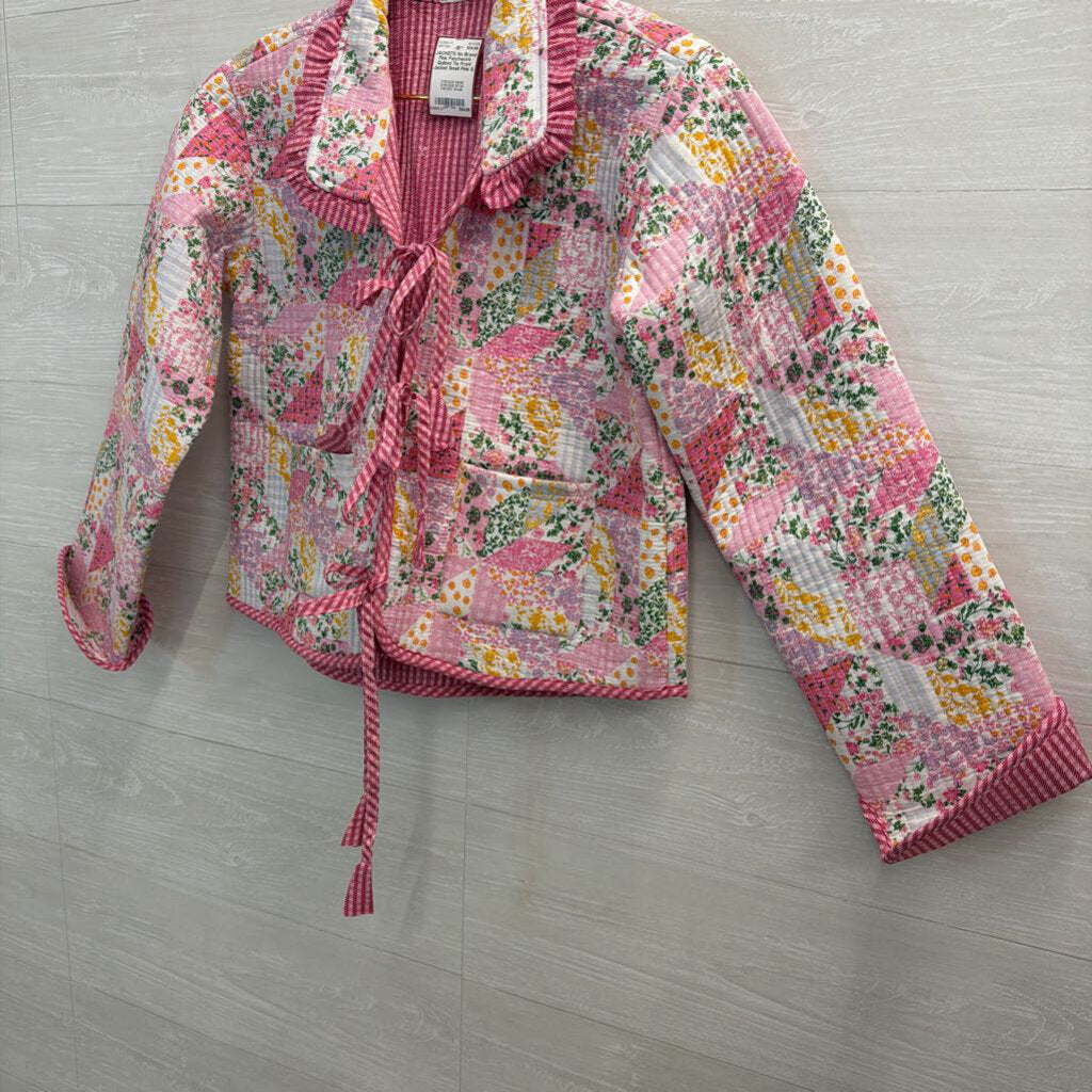 Pink Patchwork Quilted Tie Front Jacket Small