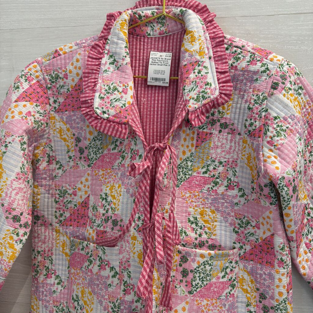 Pink Patchwork Quilted Tie Front Jacket Small