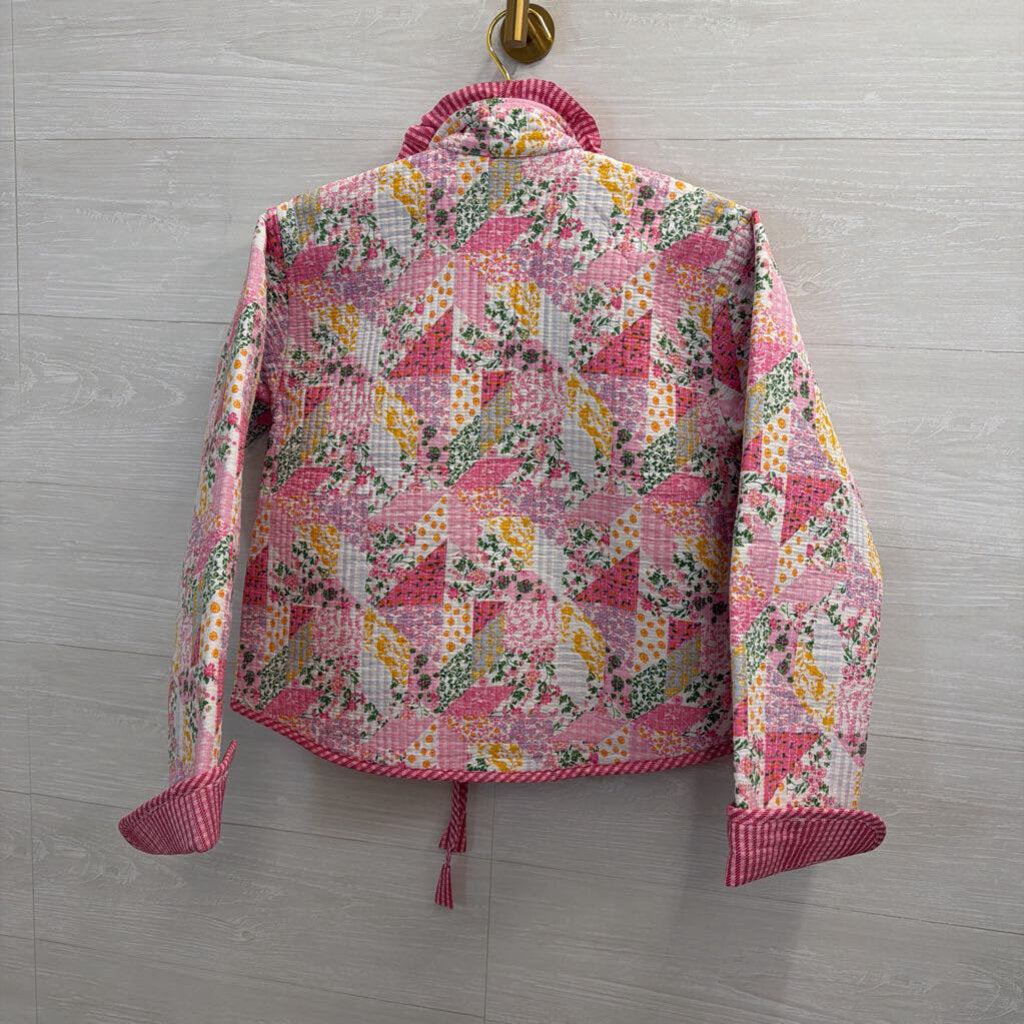 Pink Patchwork Quilted Tie Front Jacket Small