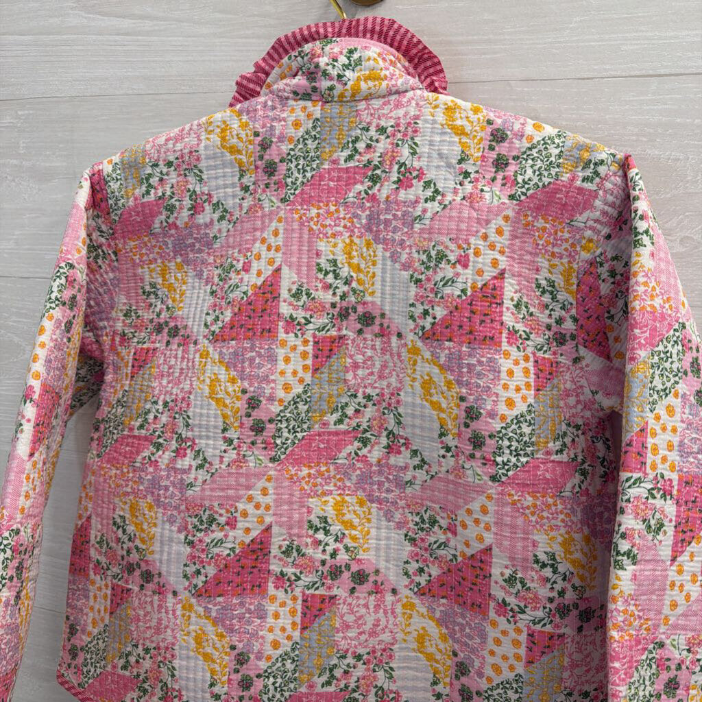 Pink Patchwork Quilted Tie Front Jacket Small