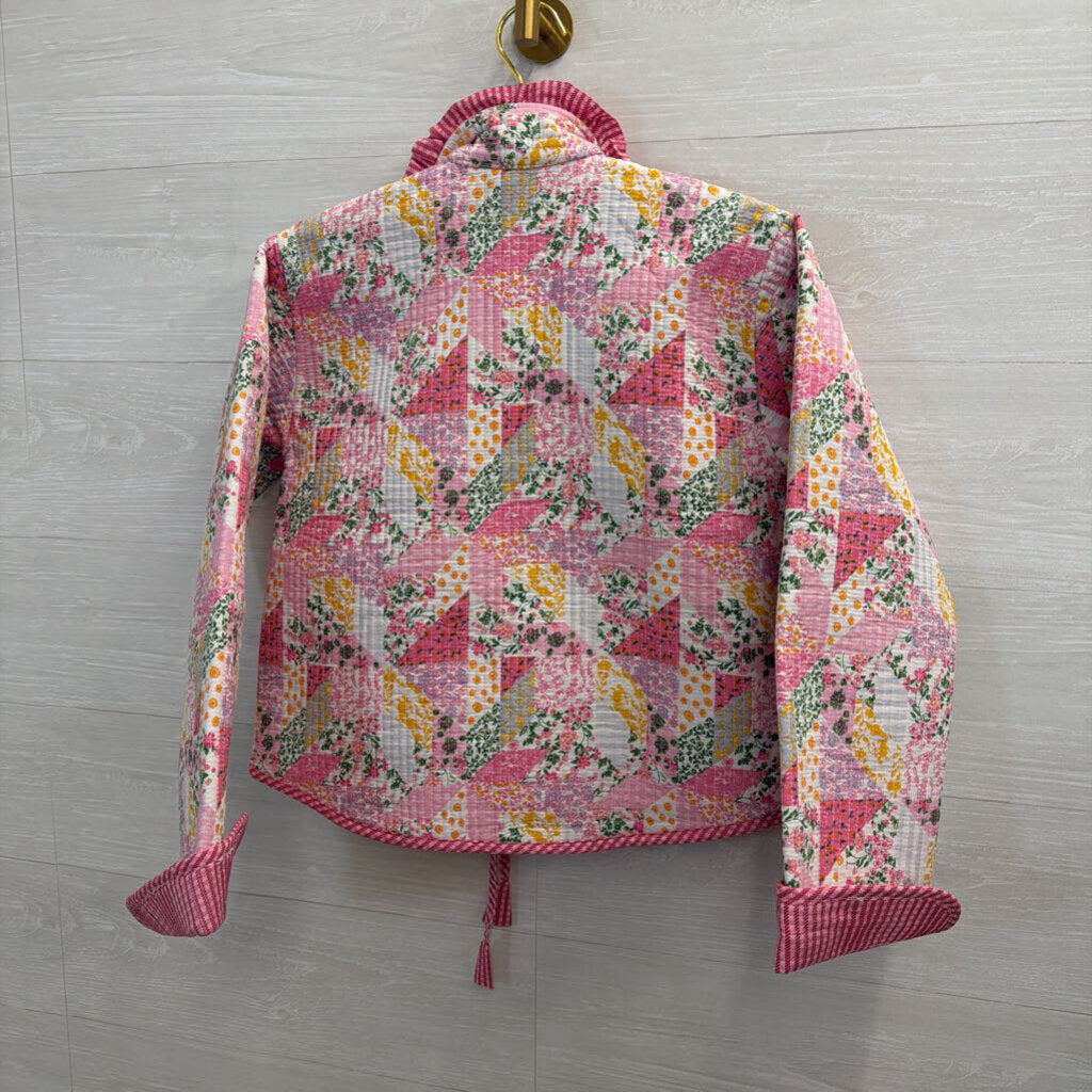 Pink Patchwork Quilted Tie Front Jacket Small