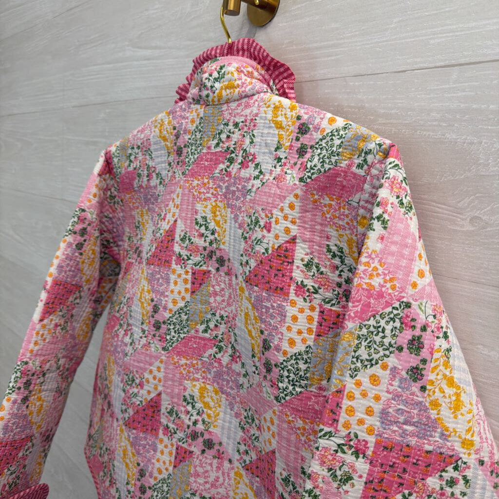 Pink Patchwork Quilted Tie Front Jacket Small