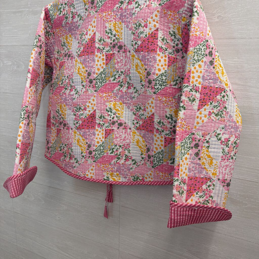 Pink Patchwork Quilted Tie Front Jacket Small