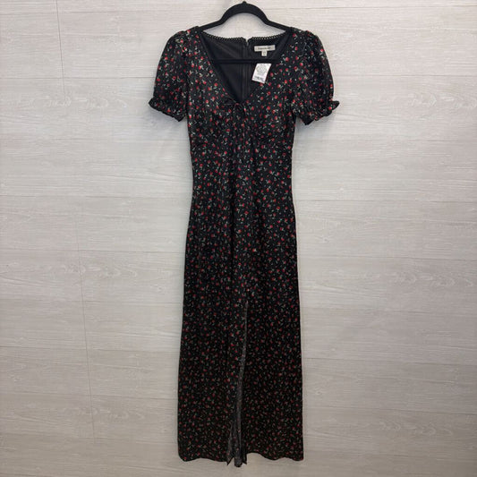Black/Red Rose Silky Maxi with Puff Sleeves Extra Small