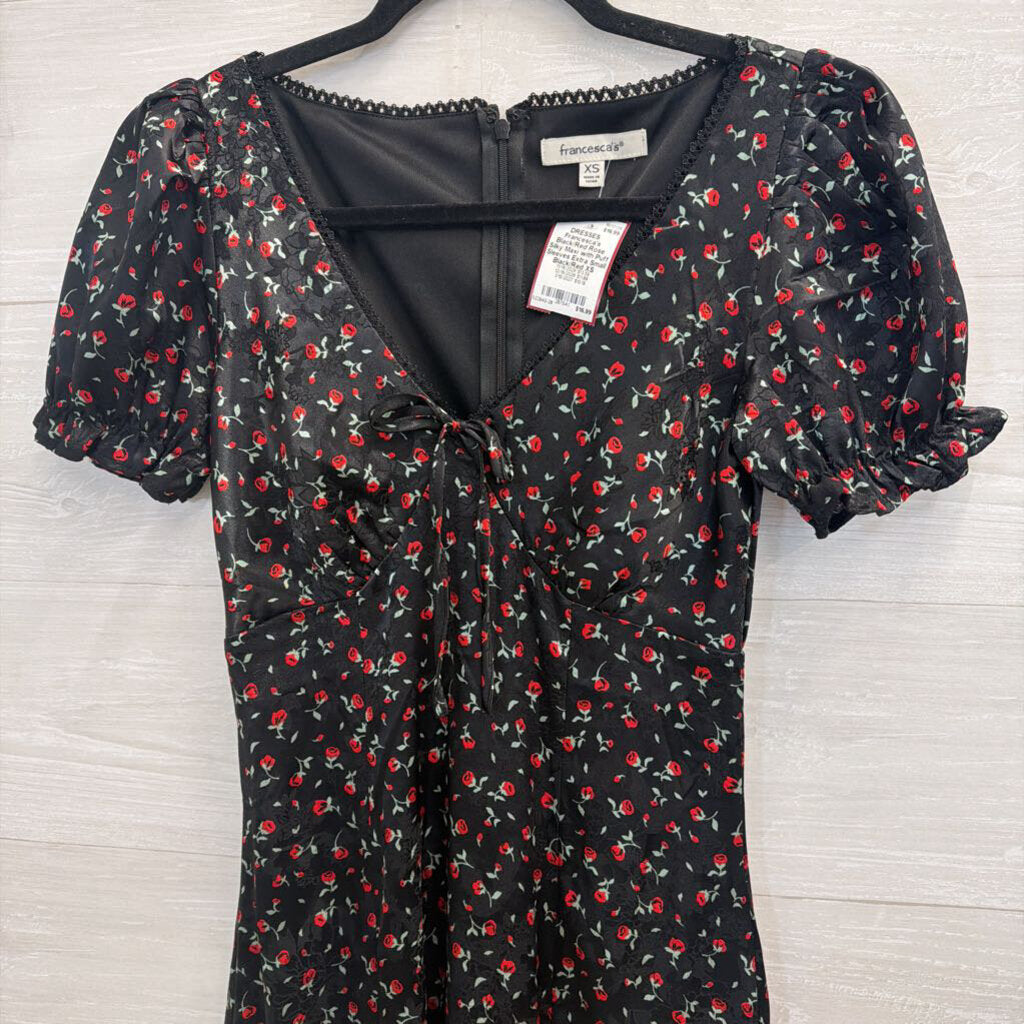 Black/Red Rose Silky Maxi with Puff Sleeves Extra Small