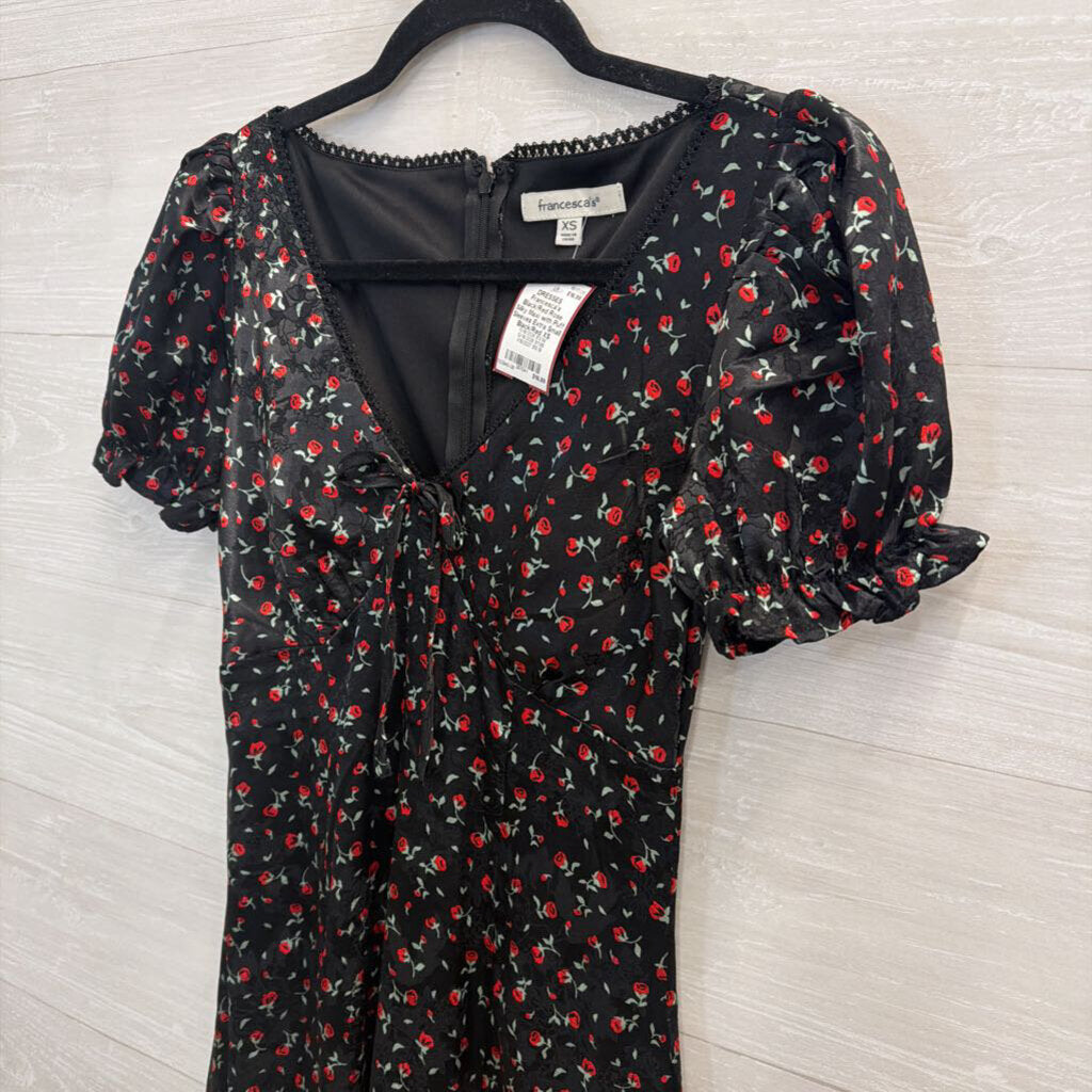 Black/Red Rose Silky Maxi with Puff Sleeves Extra Small
